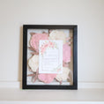 Load image into Gallery viewer, Framed artwork with pink and white flowers and a card inside on a white surface.
