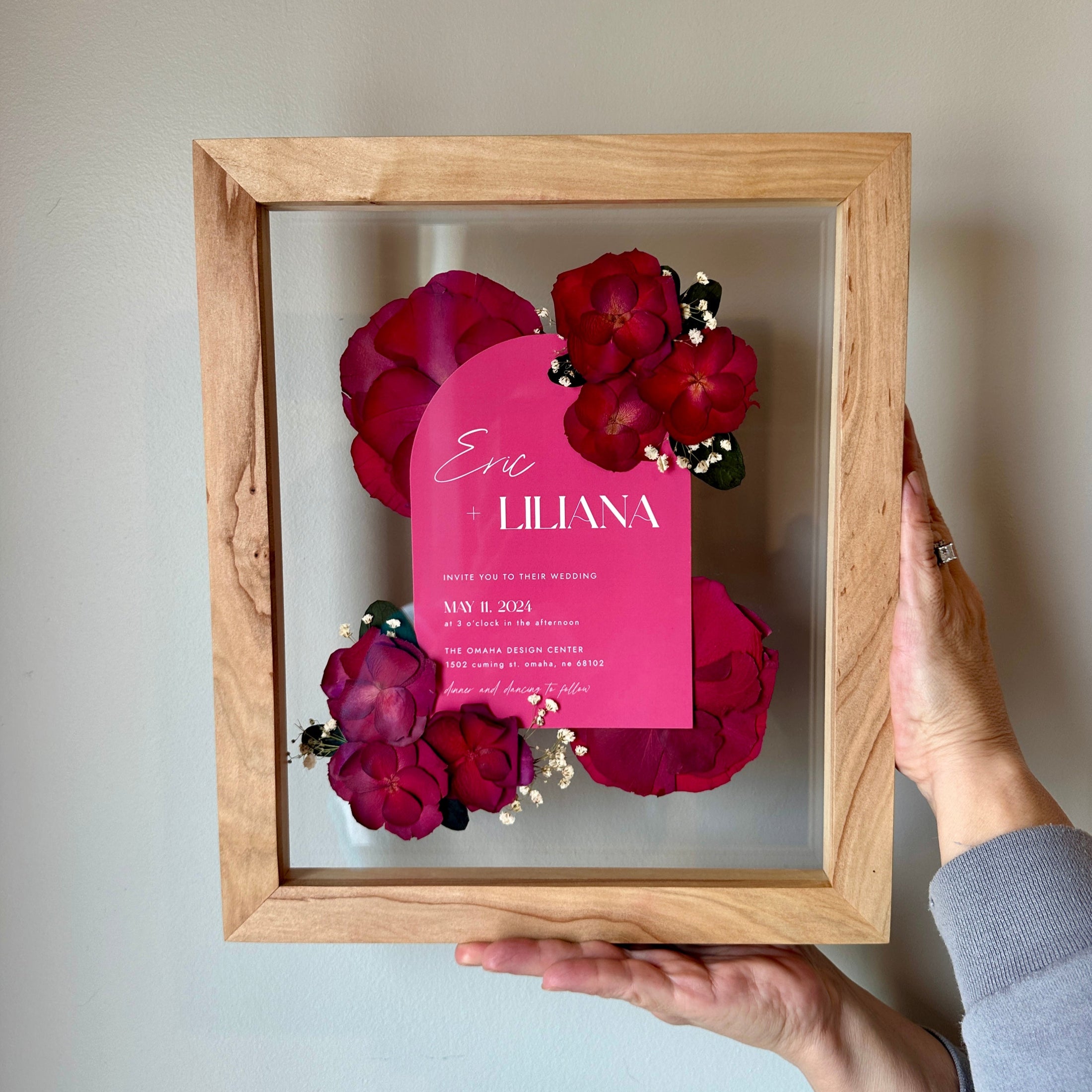 Pressed wedding bouquet in custom 10x12" frame – Omaha flower preservation, accepting bouquets from across the United States