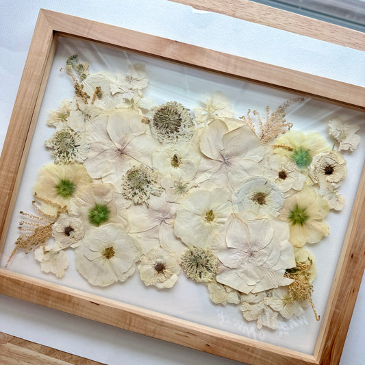 Pressed wedding bouquet in custom 12x16" frame – Omaha flower preservation, accepting bouquets from across the United States