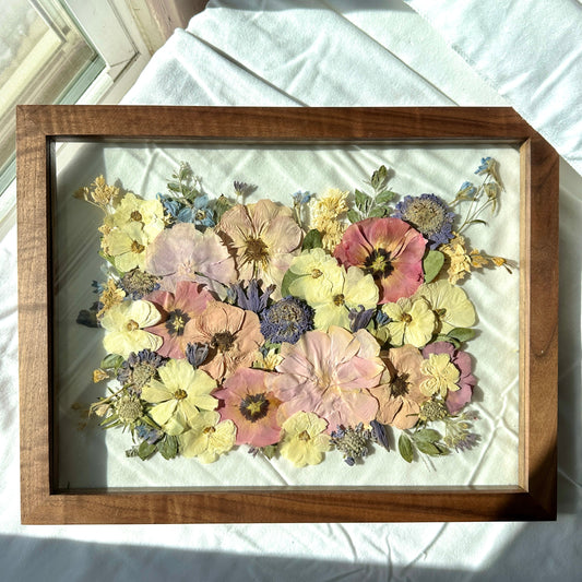 Pressed wedding bouquet in custom 12x16" frame – Omaha flower preservation, accepting bouquets from across the United States