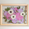 Load image into Gallery viewer, Framed arrangement of purple and white flowers on a light background
