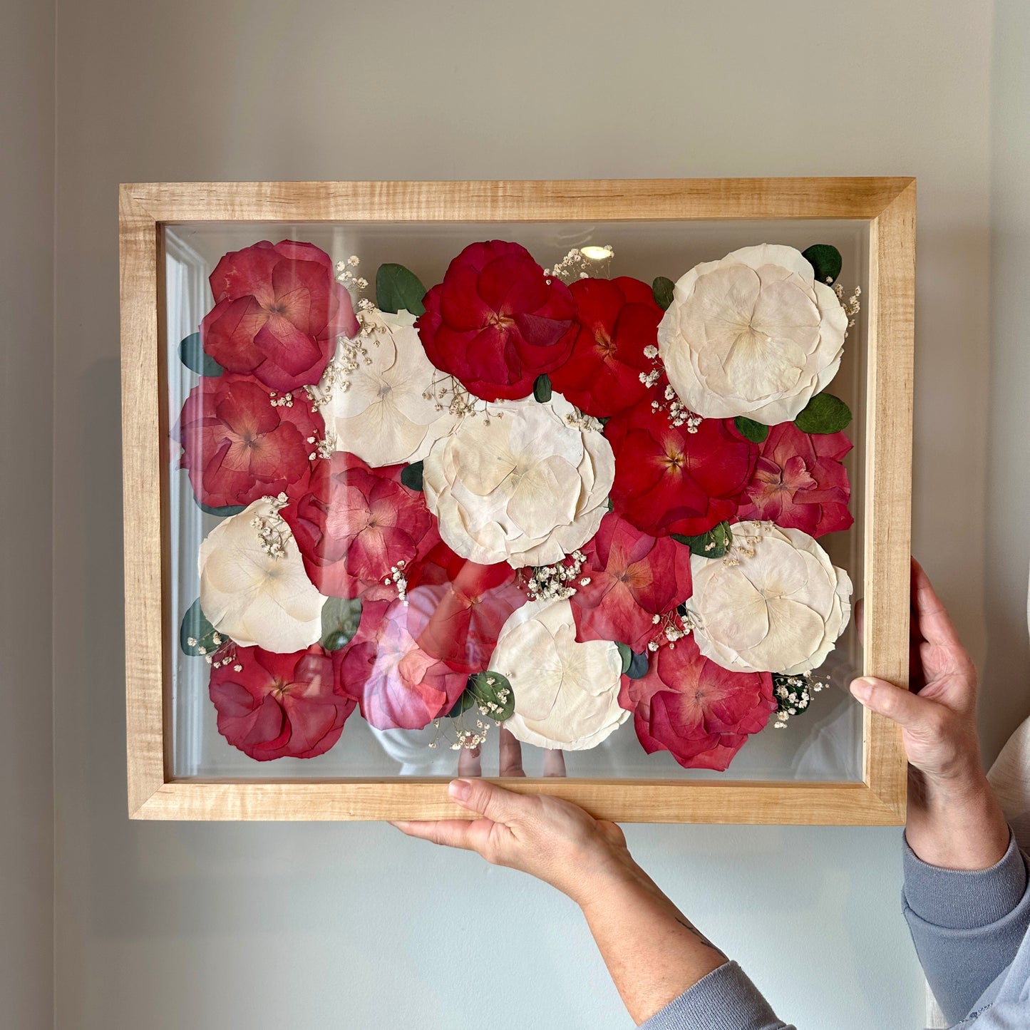 Pressed wedding bouquet in custom 16x20" frame – Omaha flower preservation, accepting bouquets from across the United States