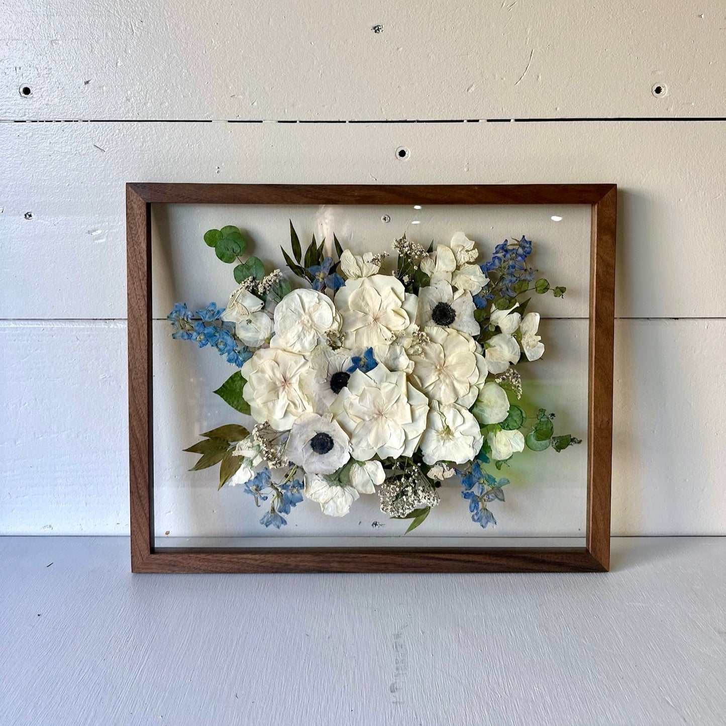 Pressed wedding bouquet in custom 16x20" frame – Omaha flower preservation, accepting bouquets from across the United States