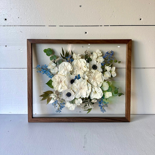 Pressed wedding bouquet in custom 16x20" frame – Omaha flower preservation, accepting bouquets from across the United States