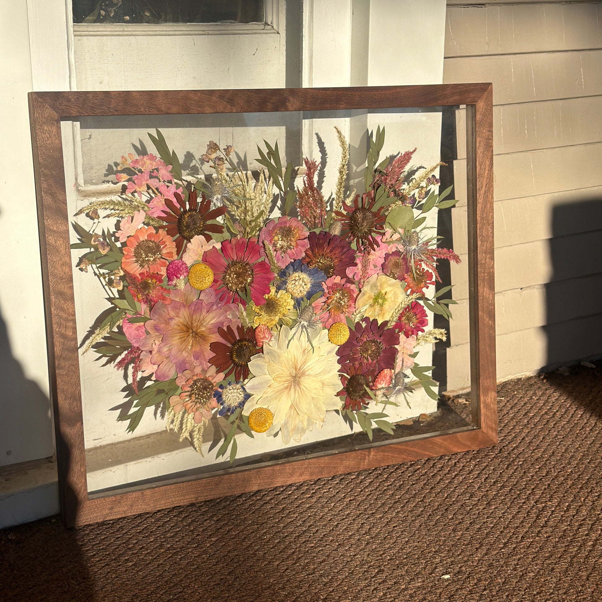 Pressed wedding bouquet in custom 16x20" frame – Omaha flower preservation, accepting bouquets from across the United States