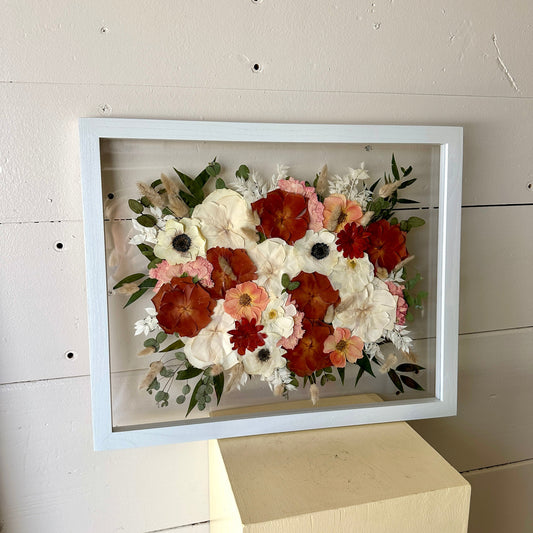 Pressed wedding bouquet in custom 16x20" frame – Omaha flower preservation, accepting bouquets from across the United States