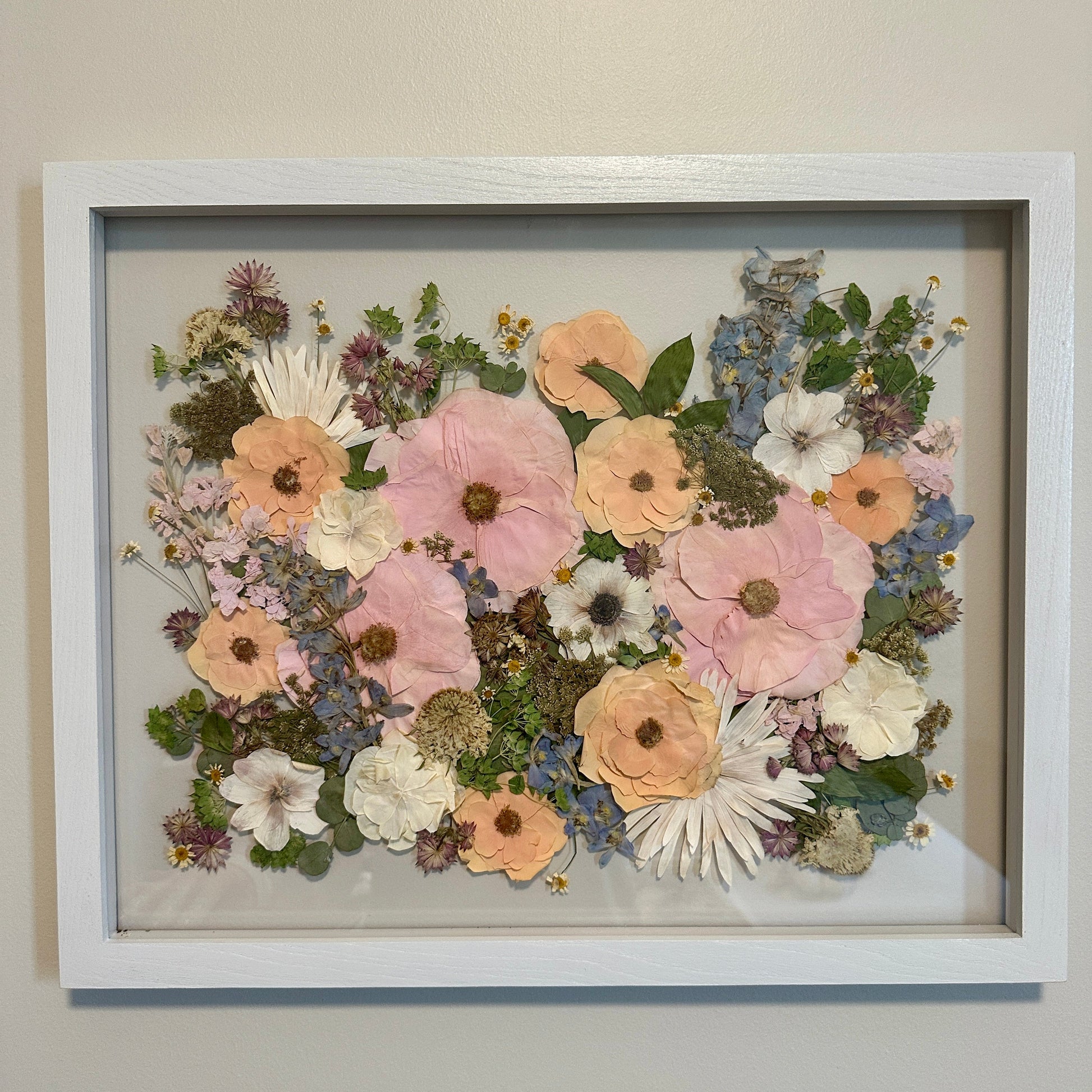 Pressed wedding bouquet in custom 16x20" frame – Omaha flower preservation, accepting bouquets from across the United States