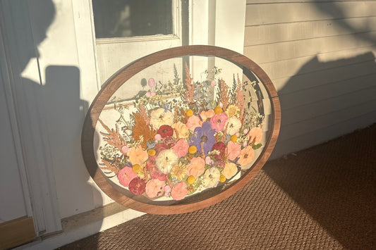 Pressed wedding bouquet in custom 18x24 Modern Oval Frame – Omaha flower preservation, accepting bouquets from across the United States