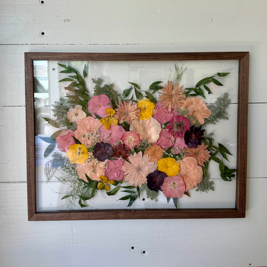 Pressed wedding bouquet in custom 18x24" frame – Omaha flower preservation, accepting bouquets from across the United States