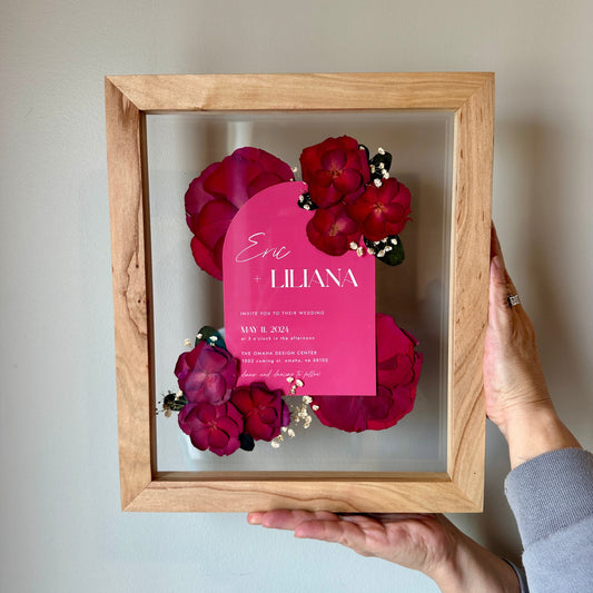 Pressed wedding bouquet in custom 8x10" frame – Omaha flower preservation, accepting bouquets from across the United States