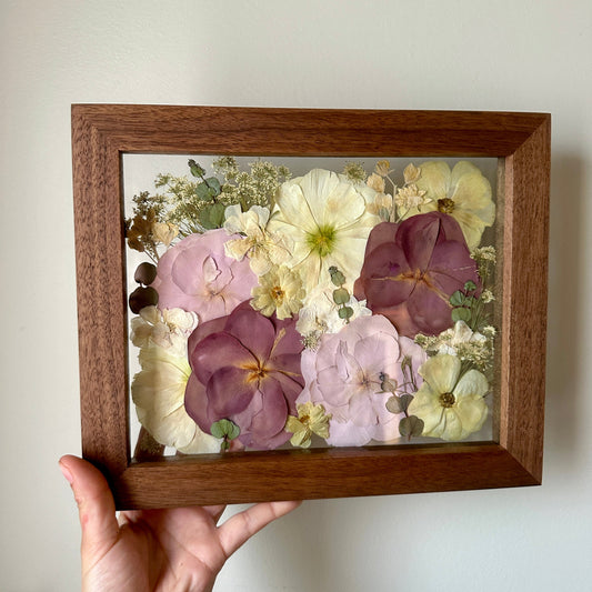 Pressed wedding bouquet in custom 8x10" frame – Omaha flower preservation, accepting bouquets from across the United States