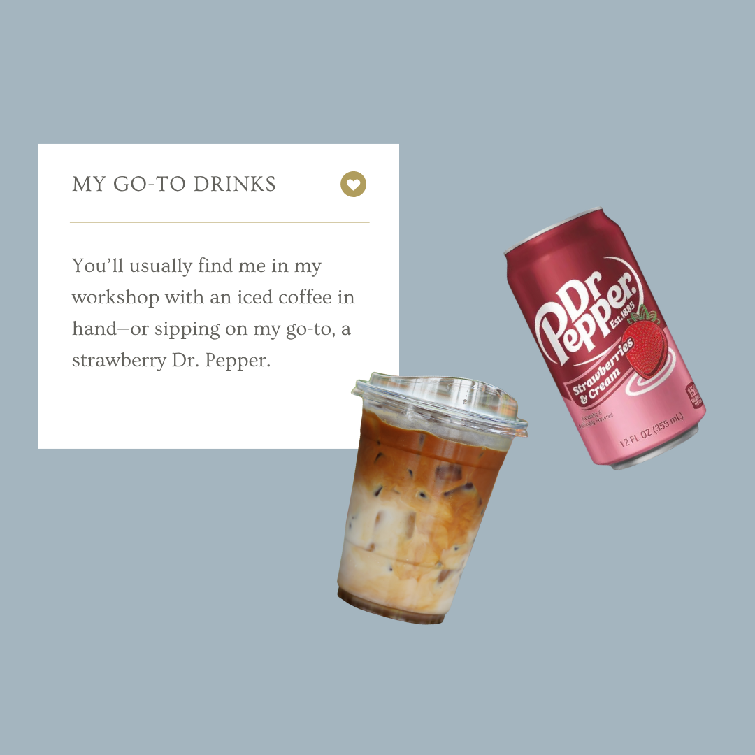 Iced coffee cup and strawberry Dr. Pepper can on a light blue background with text about go-to drinks.