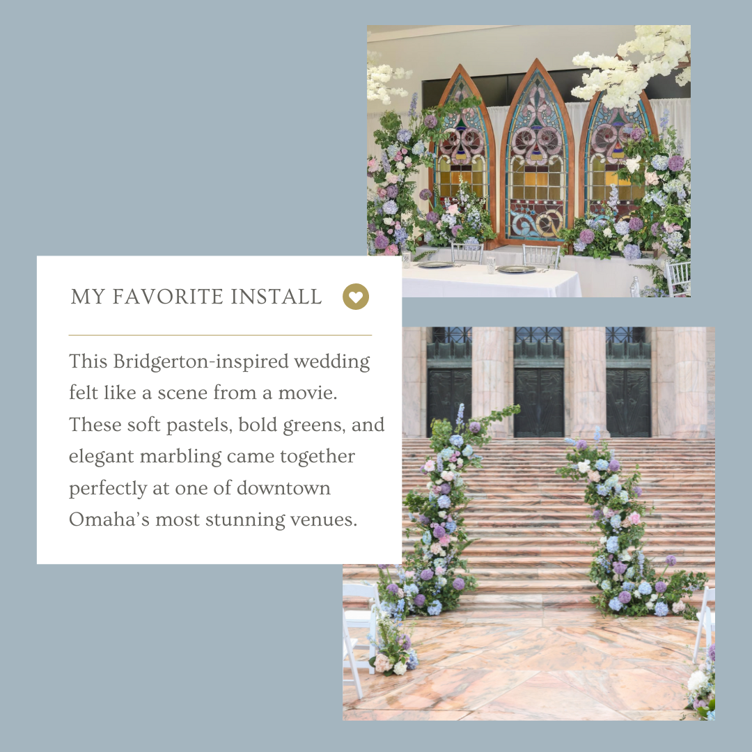 Bridgerton-inspired wedding setup with floral arches and decorations at a downtown Omaha venue.