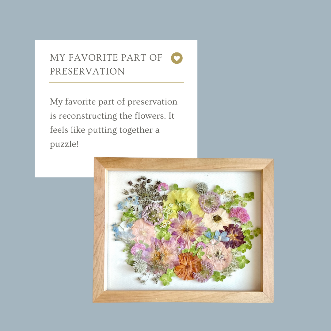 Framed floral arrangement with text on a light blue background