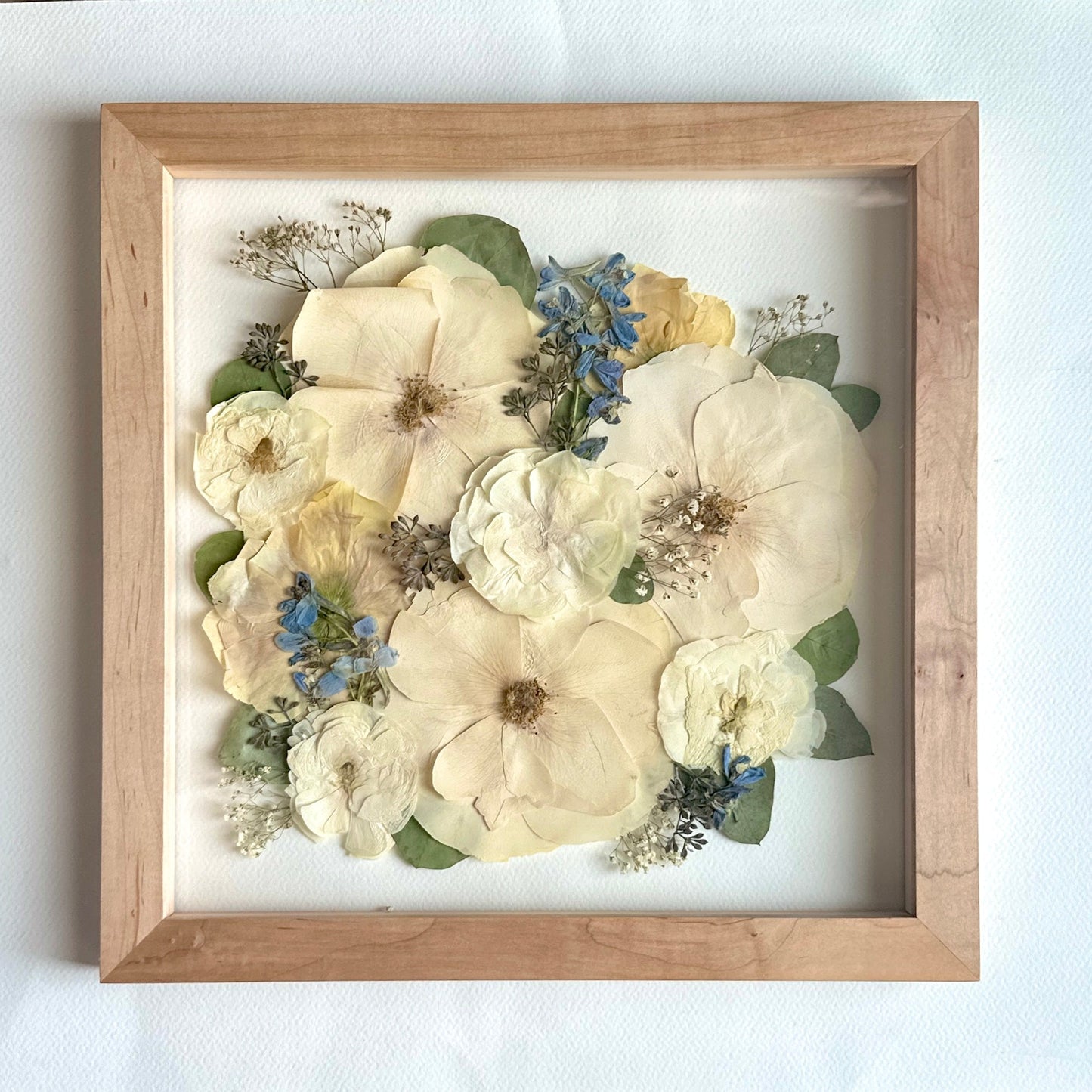 Pressed wedding bouquet in custom 12x12 frame – Omaha flower preservation, accepting bouquets from across the United States