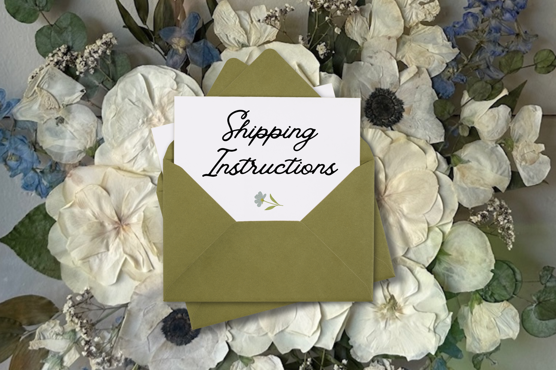 Green envelope with 'Shipping Instructions' card on a floral background